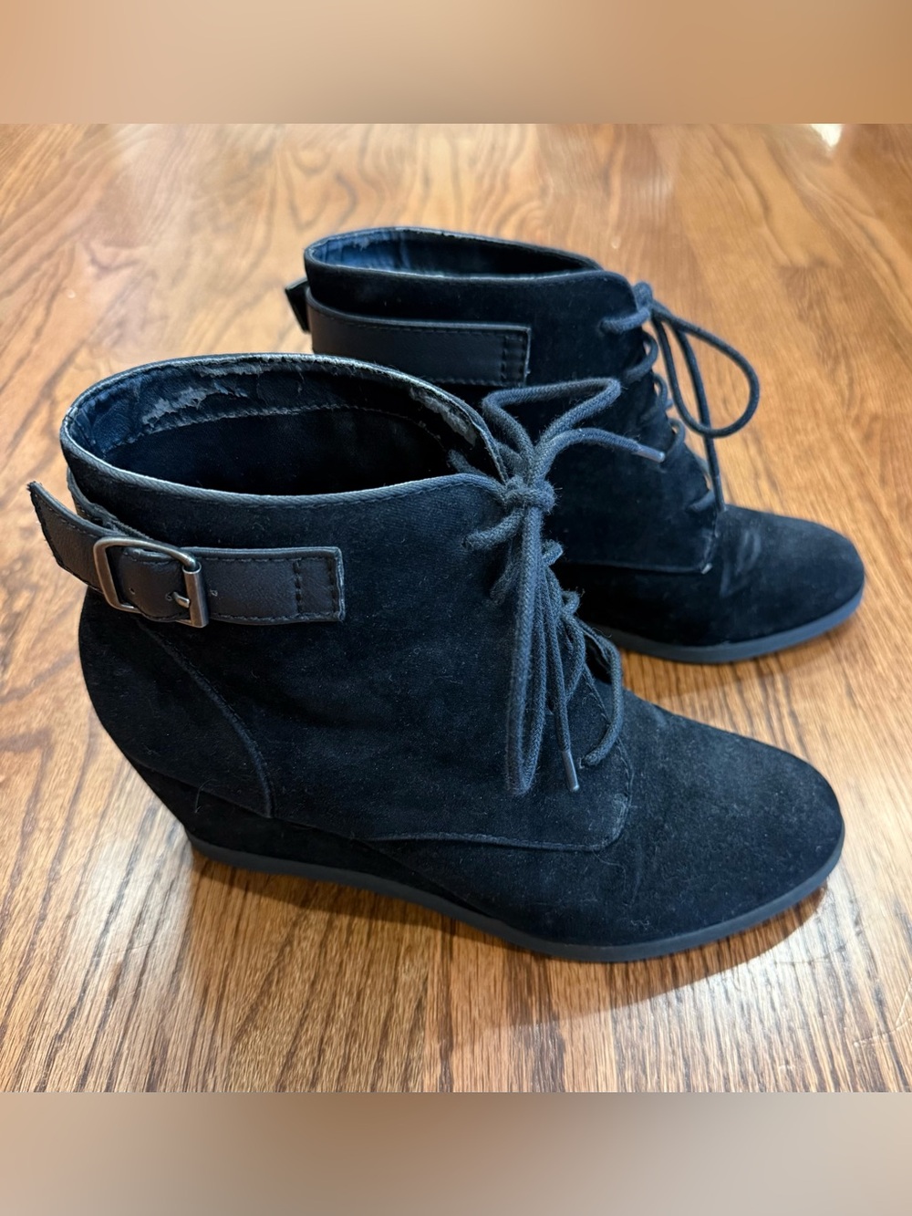 Madden Girl Black Suede Lace-Up Wedge Ankle Booties